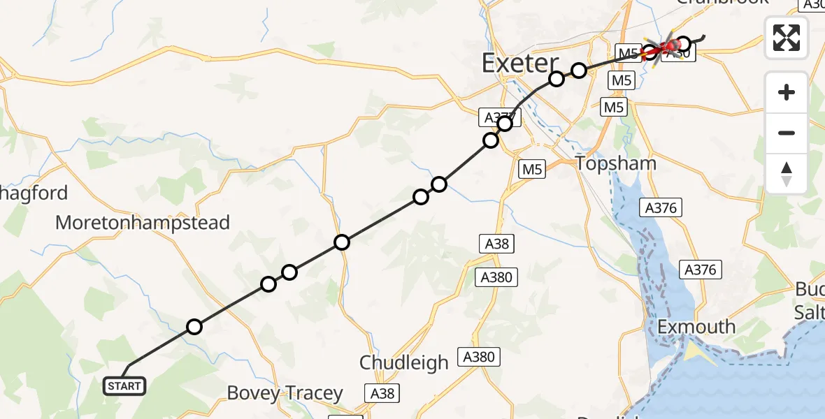 Flight route Air Ambulance Helicopter Manaton - Clyst Honiton, 23 June 2026, 14:39