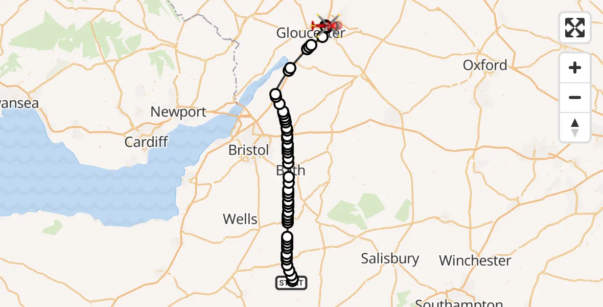 Flight route Air Ambulance Helicopter Henstridge Airfield - Gloucestershire Airport, 23 June 2026, 14:39