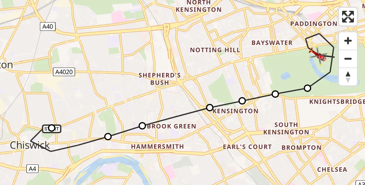 Flight route Air Ambulance Helicopter Hounslow - City of Westminster, 23 June 2026, 14:44