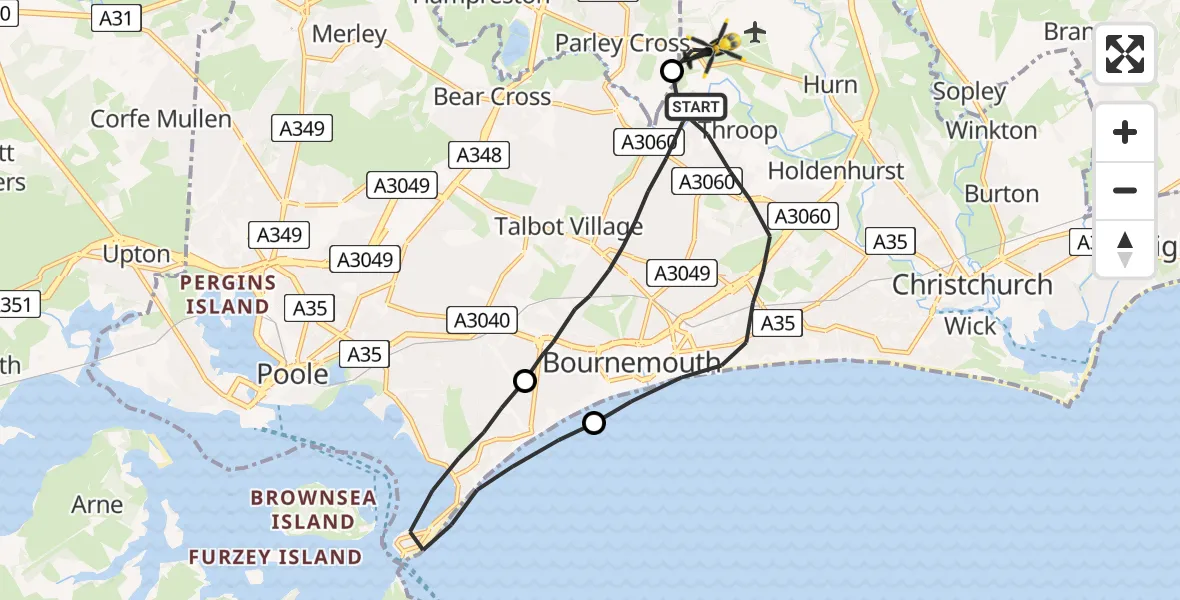 Flight route Police Helicopter Bournemouth - Bournemouth Airport, 23 June 2026, 14:46