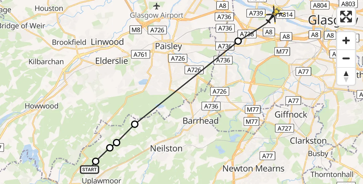 Flight route Police Helicopter Uplawmoor - Glasgow, 23 June 2026, 14:53