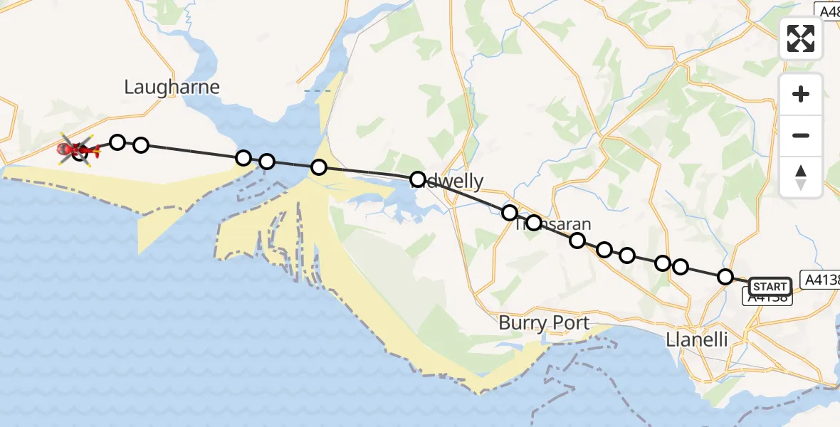 Flight route Air Ambulance Helicopter Dafen - MoD Pendine Heliport, 23 June 2026, 14:54