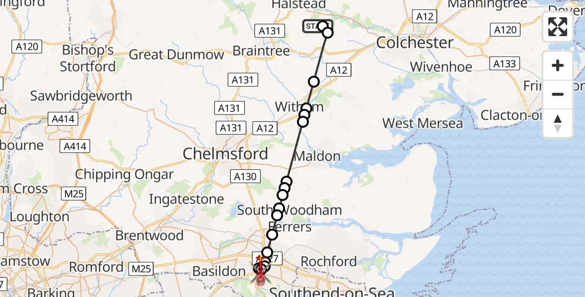 Flight route Air Ambulance Helicopter Earls Colne Airfield - Benfleet, 23 June 2026, 14:54