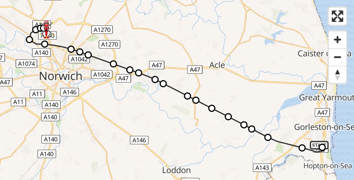 Flight route Air Ambulance Helicopter James Paget Hospital - Norwich Airport, 23 June 2026, 14:55