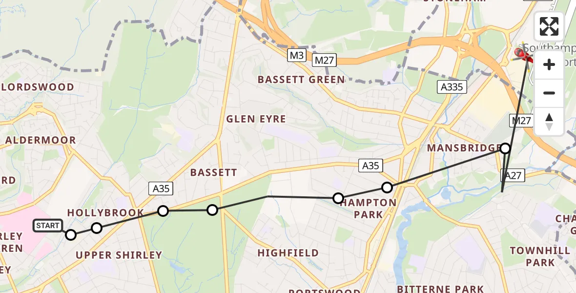 Flight route Air Ambulance Helicopter University Hospital Southampton - Eastleigh, 23 June 2026, 14:59