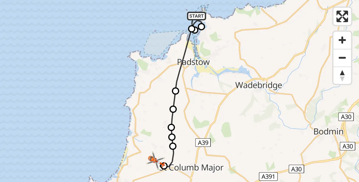 Flight route Coastguard Helicopter New Polzeath - Cornwall Airport Newquay, 23 June 2026, 15:12