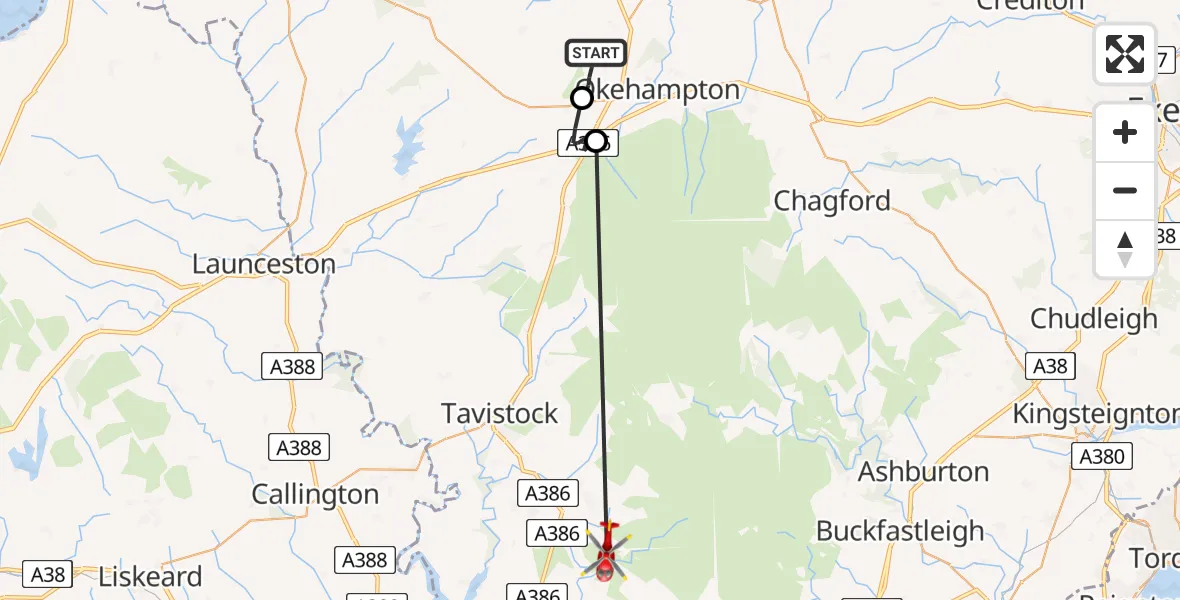 Flight route Air Ambulance Helicopter West Devon - West Devon, 23 June 2026, 15:23