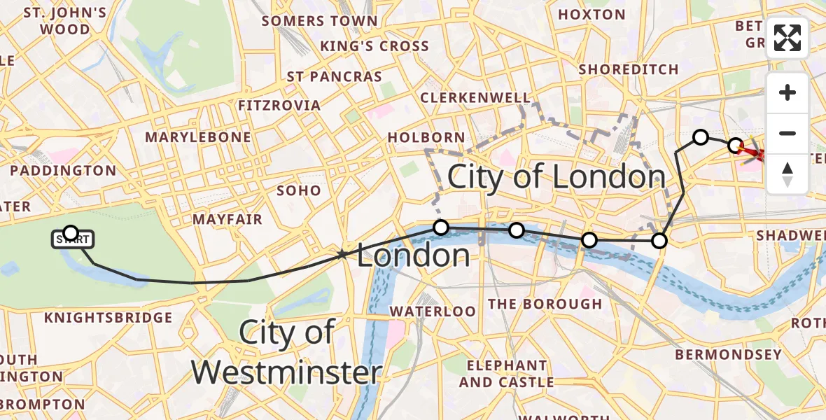 Flight route Air Ambulance Helicopter City of Westminster - Royal London Hospital, 23 June 2026, 15:36