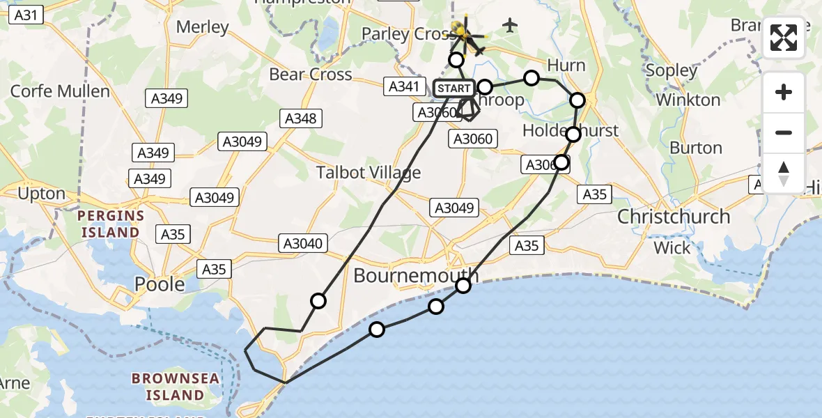Flight route Police Helicopter Bournemouth - Bournemouth Airport, 23 June 2026, 15:37