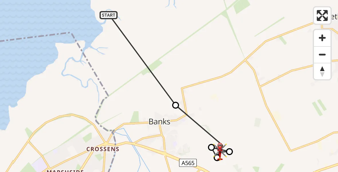 Flight route Air Ambulance Helicopter West Lancashire - Mere Brow, 23 June 2026, 15:44