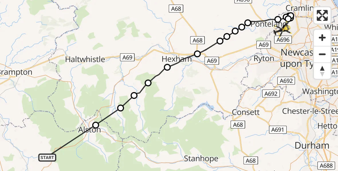 Flight route Police Helicopter Gamblesby - Newcastle International Airport, 23 June 2026, 15:50