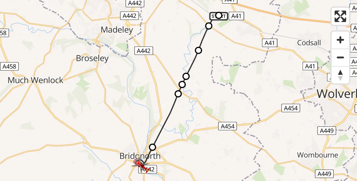 Flight route Air Ambulance Helicopter RAF Cosford - Bridgnorth, 23 June 2026, 15:55