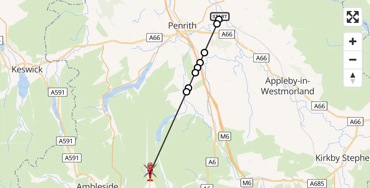 Flight route Air Ambulance Helicopter Langwathby - Kentmere, 23 June 2026, 16:03