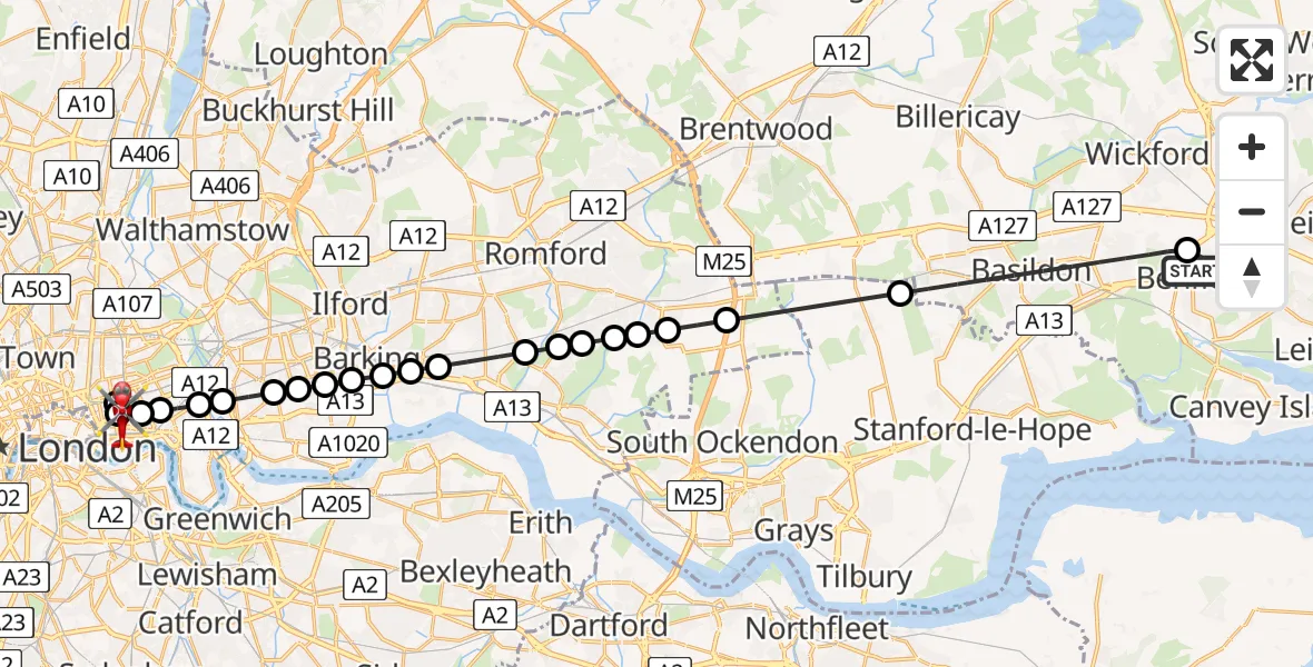 Flight route Air Ambulance Helicopter Benfleet - Royal London Hospital, 23 June 2026, 16:06