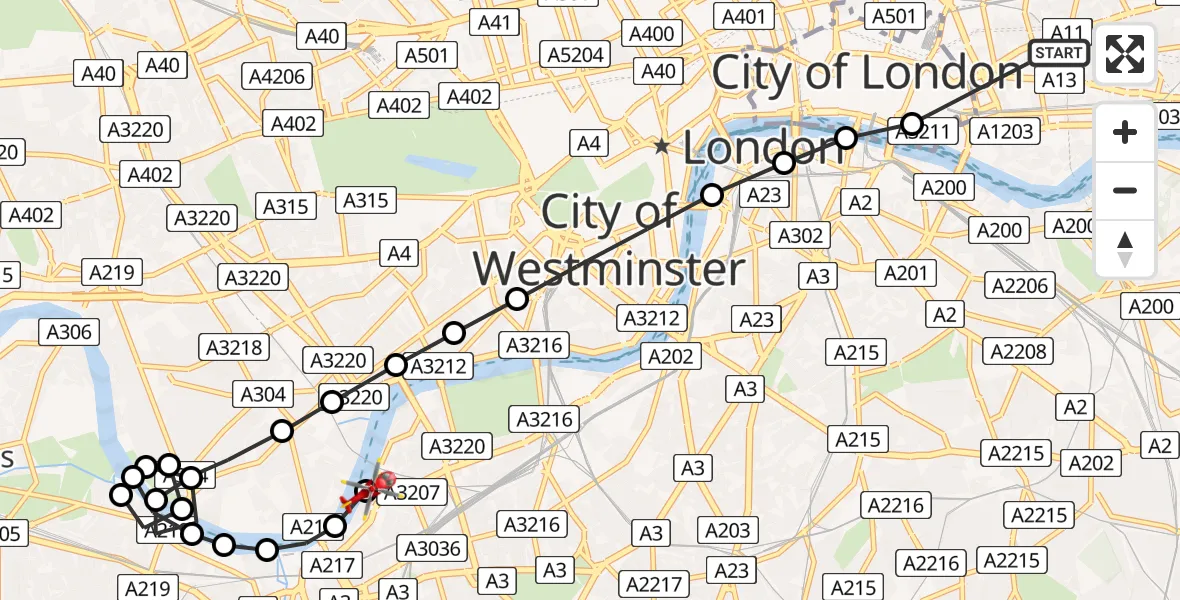 Flight route Air Ambulance Helicopter Royal London Hospital - London Heliport, 23 June 2026, 16:10