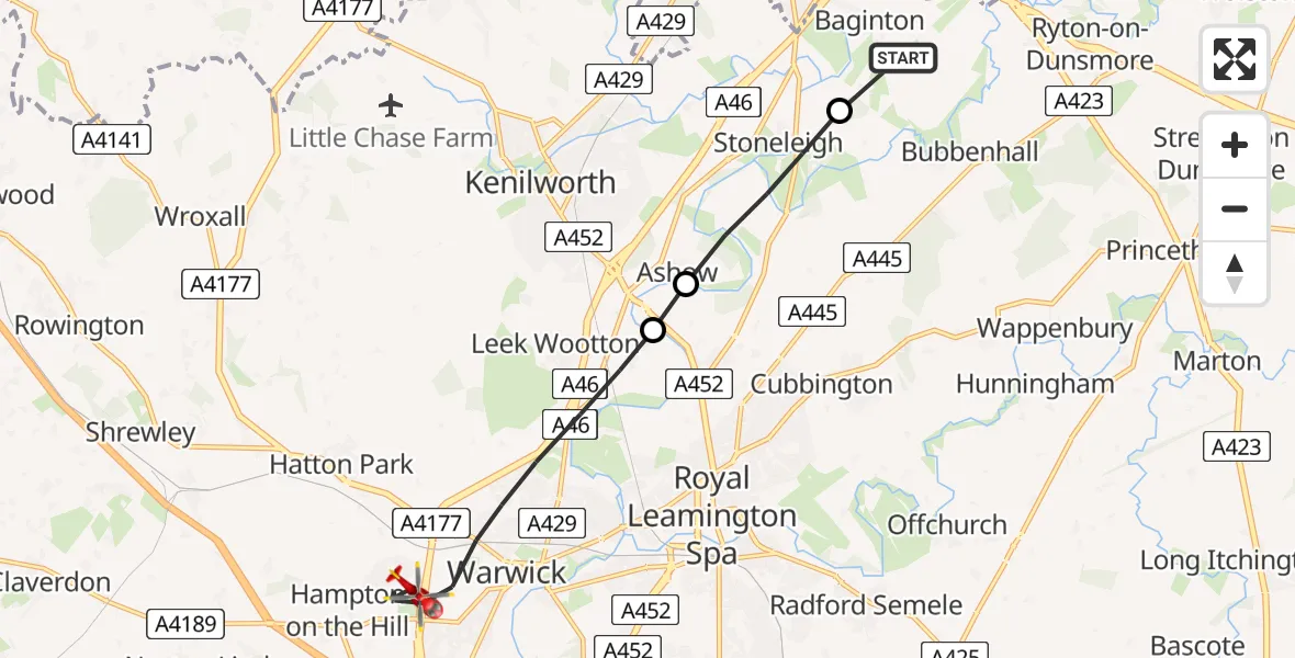 Flight route Air Ambulance Helicopter Coventry Airport - Warwick, 23 June 2026, 16:25