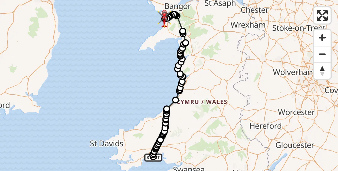 Flight route Air Ambulance Helicopter MoD Pendine Heliport - Caernarfon Airport, 23 June 2026, 16:28