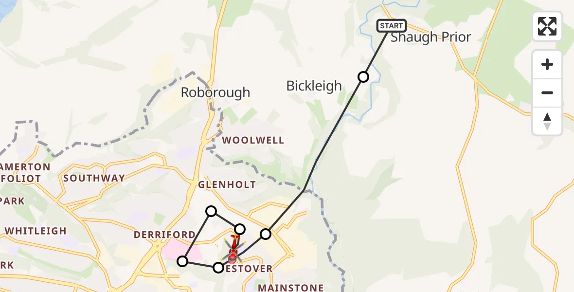 Flight route Air Ambulance Helicopter Shaugh Prior - Crownhill, 23 June 2026, 16:29