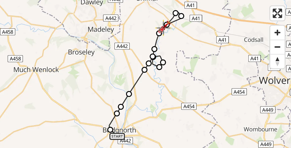 Flight route Air Ambulance Helicopter Bridgnorth - Shifnal, 23 June 2026, 16:30