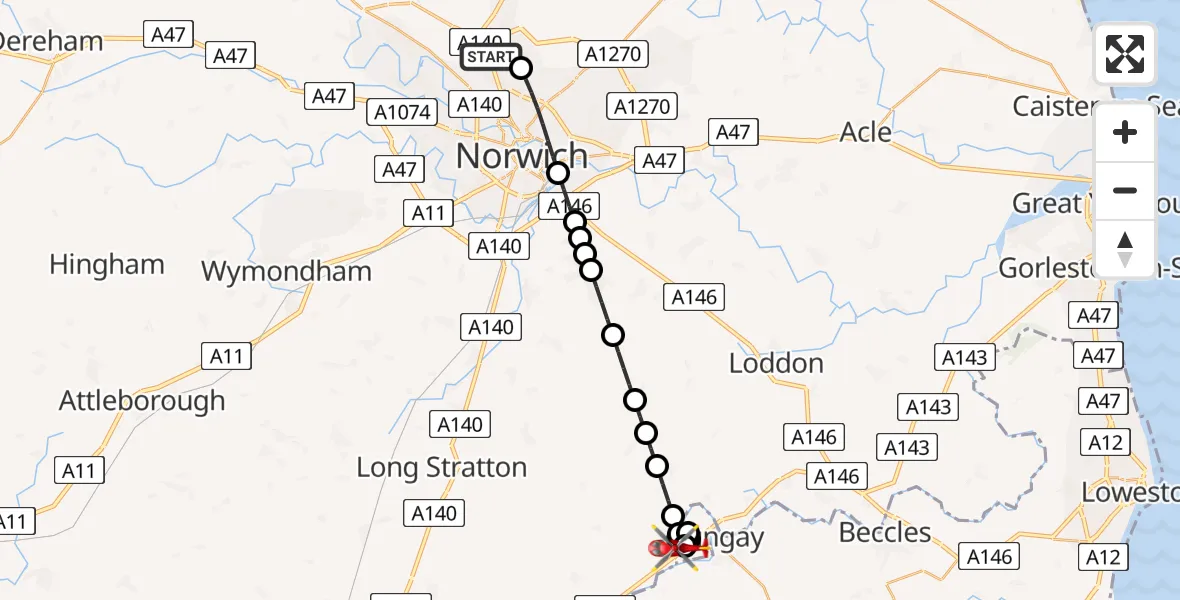 Flight route Air Ambulance Helicopter Norwich Airport - Earsham, 23 June 2026, 16:37