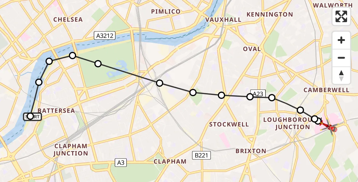Flight route Air Ambulance Helicopter London Heliport - Kings College London Hospital, 23 June 2026, 16:39