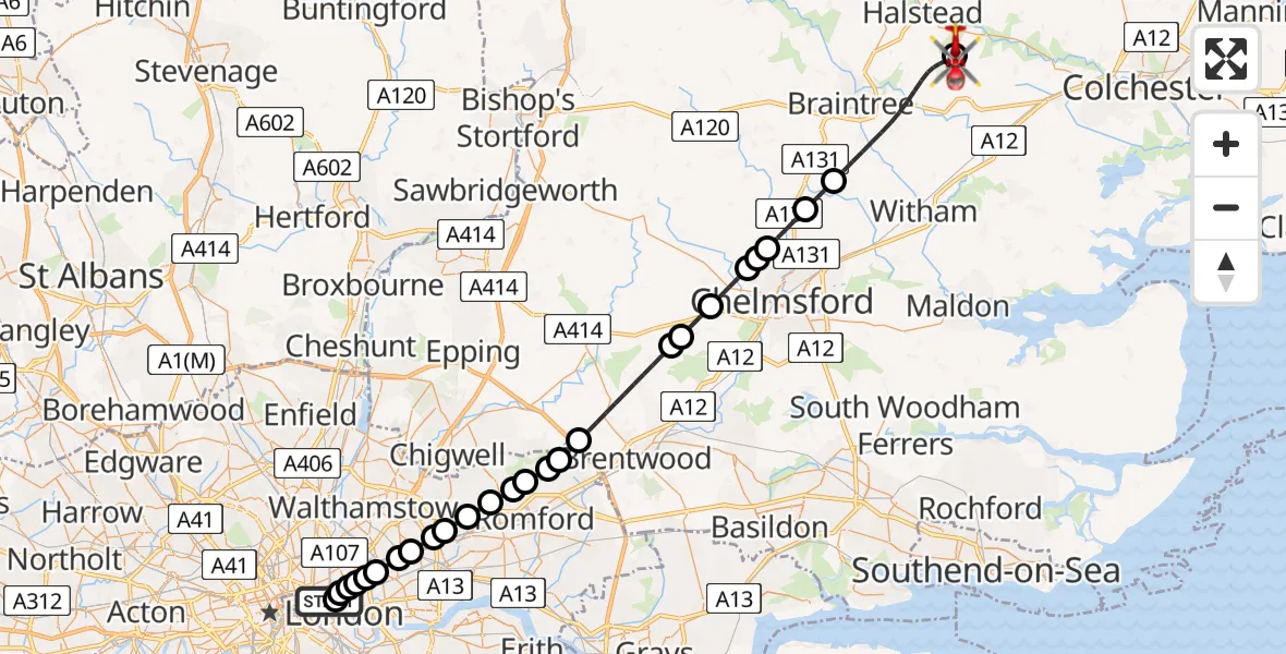 Flight route Air Ambulance Helicopter Royal London Hospital - Earls Colne Airfield, 23 June 2026, 17:07