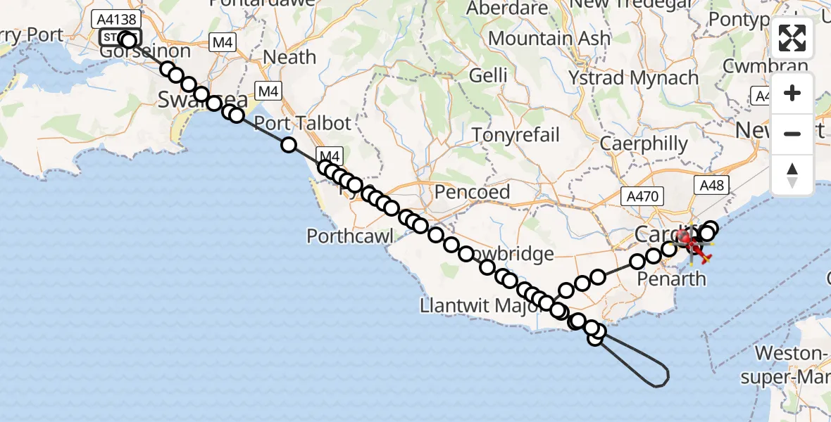 Flight route Air Ambulance Helicopter Llangennech - Cardiff Heliport, 23 June 2026, 17:10
