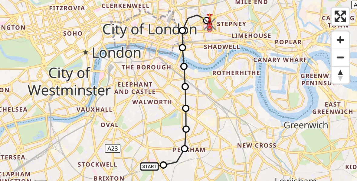 Flight route Air Ambulance Helicopter Kings College London Hospital - Royal London Hospital, 23 June 2026, 17:11