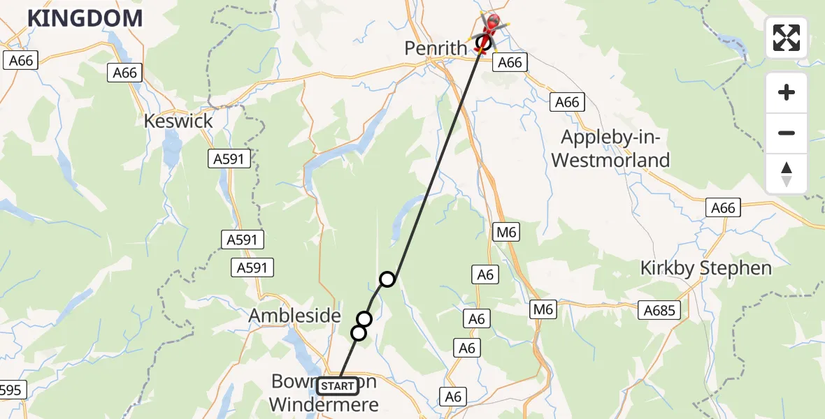 Flight route Air Ambulance Helicopter Windermere - Edenhall, 23 June 2026, 17:22