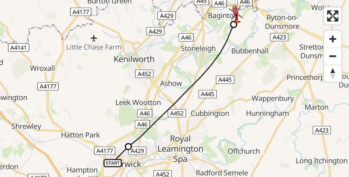 Flight route Air Ambulance Helicopter Warwick - Coventry Airport, 23 June 2026, 17:33