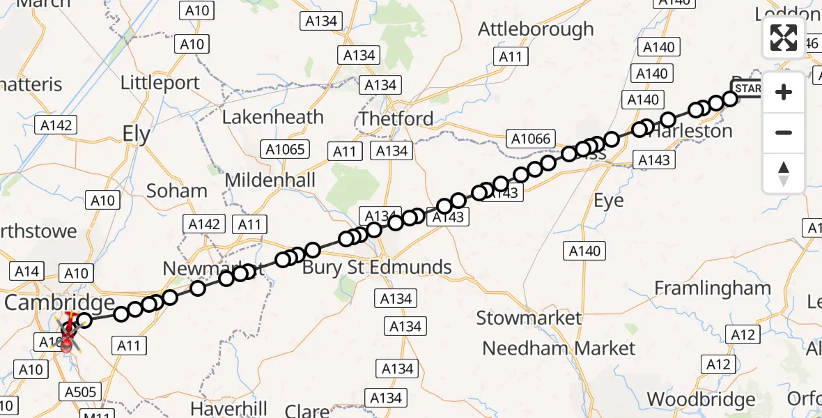 Flight route Air Ambulance Helicopter Earsham - Papworth Hospital, 23 June 2026, 17:38