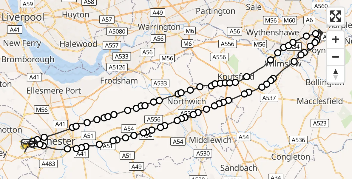 Flight route Police Helicopter Hawarden Airport - Hawarden Airport, 23 June 2026, 17:50