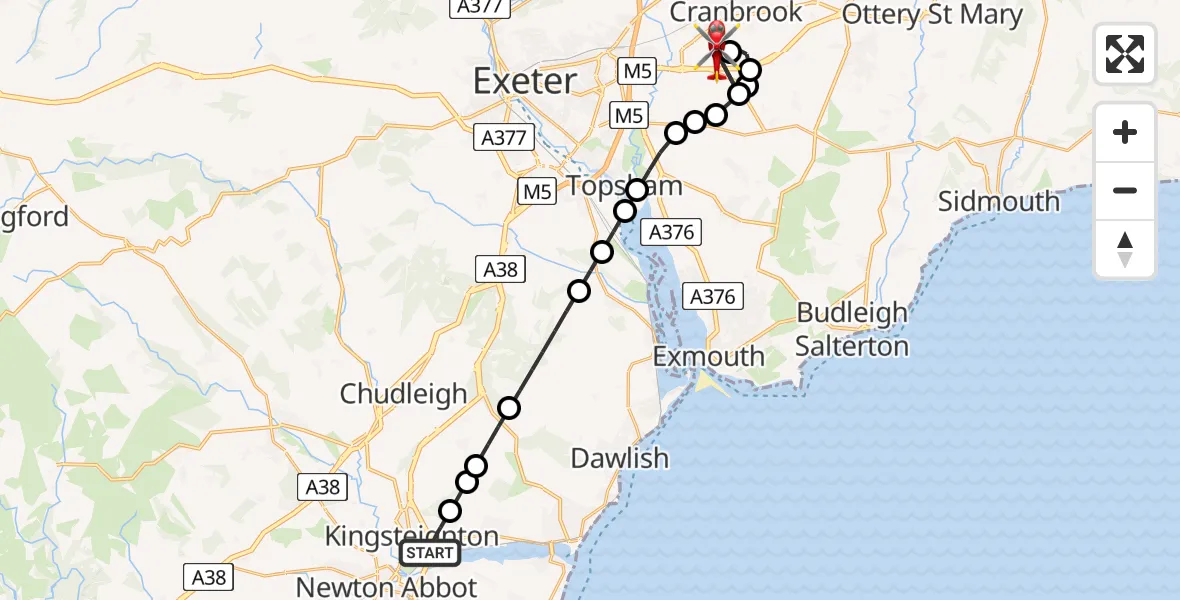 Flight route Air Ambulance Helicopter Kingsteignton - Exeter International Airport, 23 June 2026, 17:56