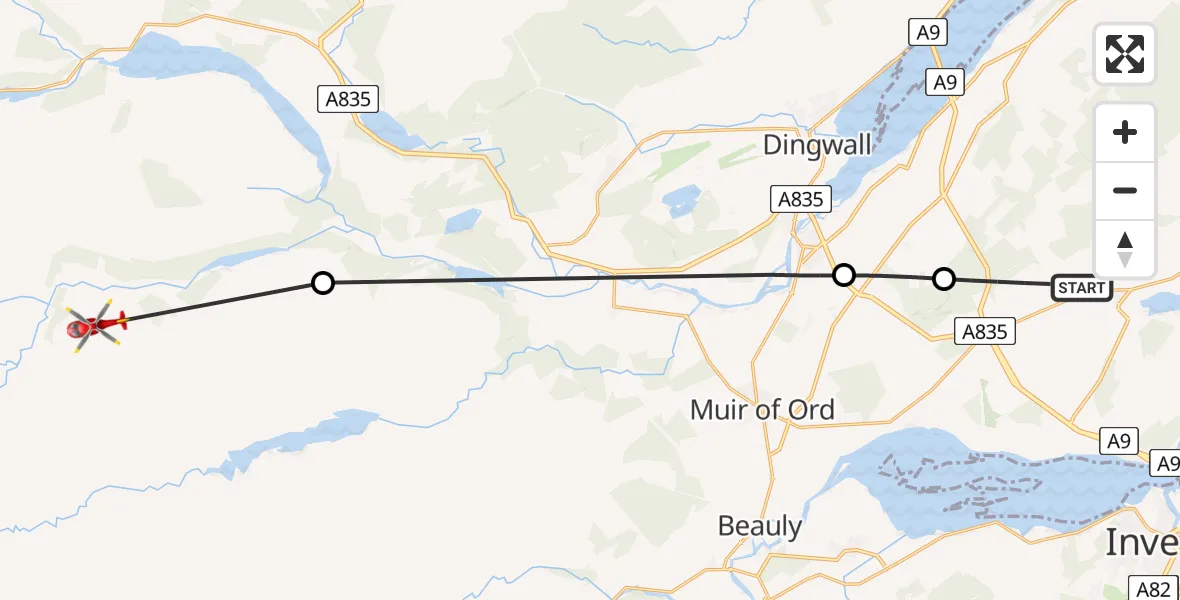 Flight route Air Ambulance Helicopter Tore - Dalnacroich, 23 June 2026, 19:01