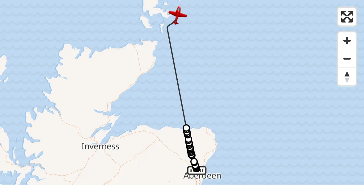 Flight route Air Ambulance Aircraft Aberdeen International Airport - North Sea, 23 June 2026, 19:02