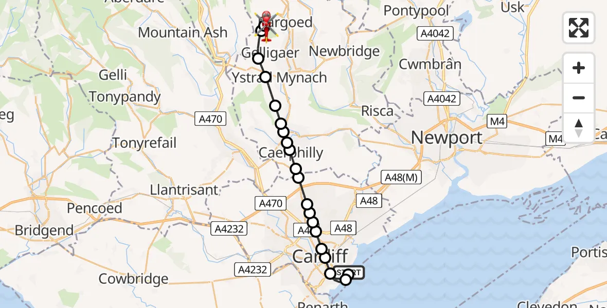 Flight route Air Ambulance Helicopter Cardiff Heliport - Gelligaer, 23 June 2026, 19:04