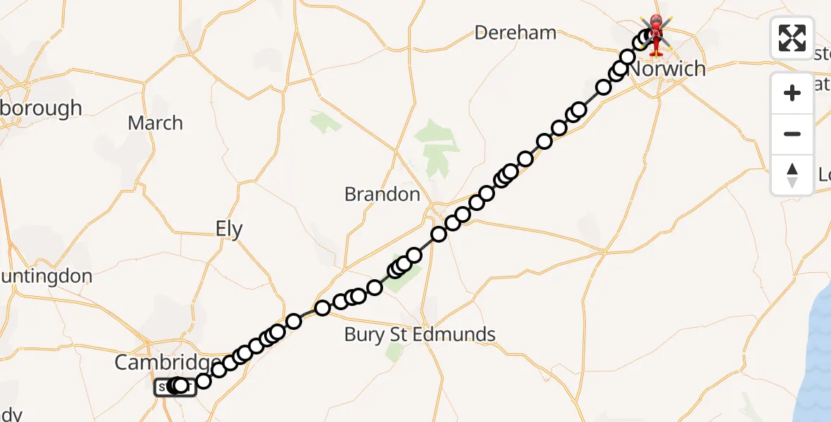 Flight route Air Ambulance Helicopter Papworth Hospital - Norwich Airport, 23 June 2026, 19:08