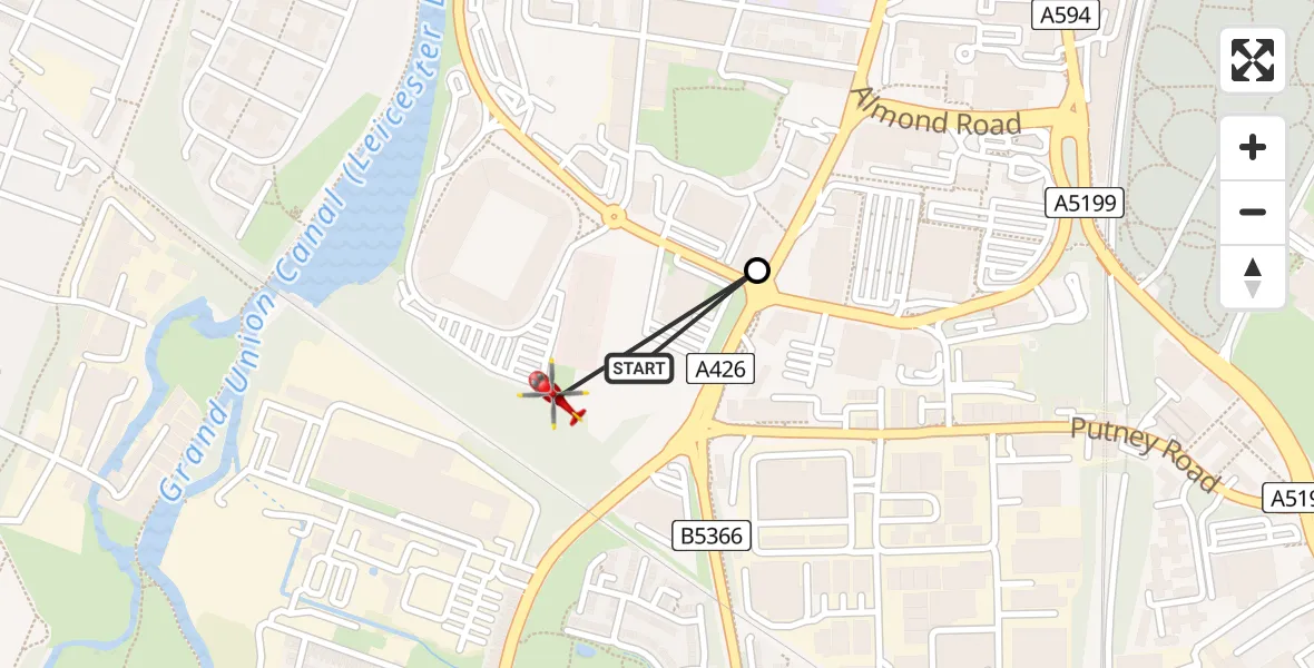 Flight route Air Ambulance Helicopter Aylestone Park - Bede Island, 23 June 2026, 19:15