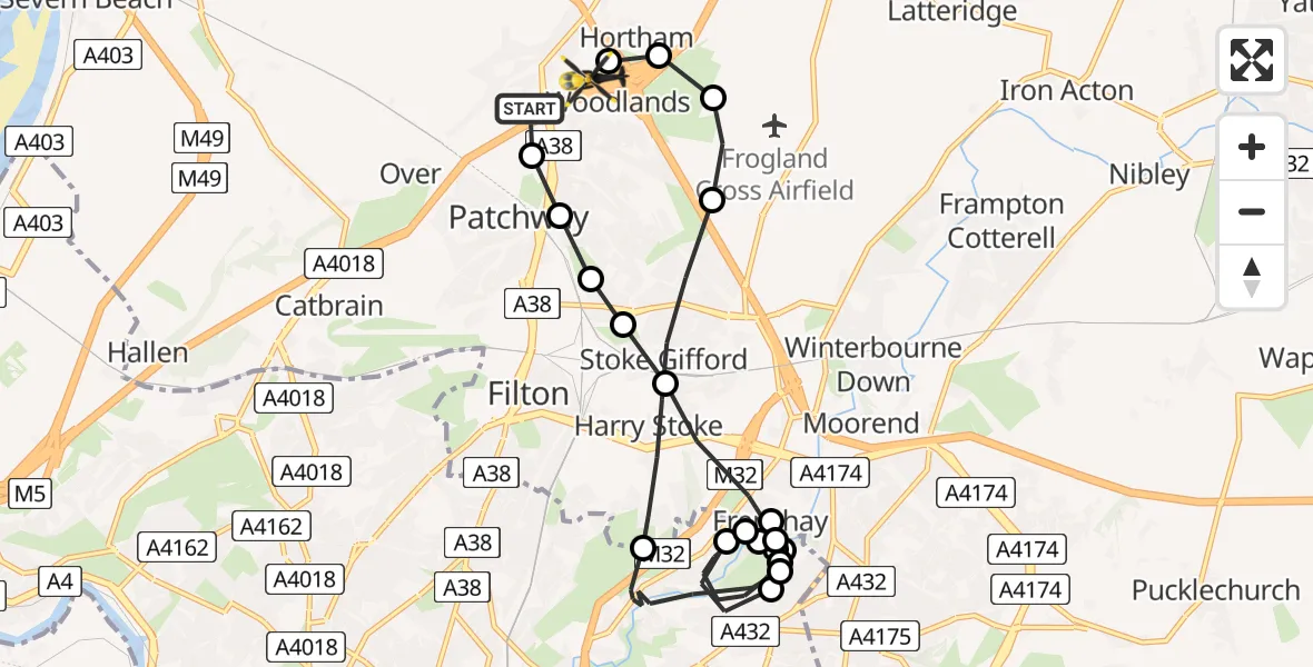 Flight route Police Helicopter Bristol - Almondsbury Helicopter Base, 23 June 2026, 19:21
