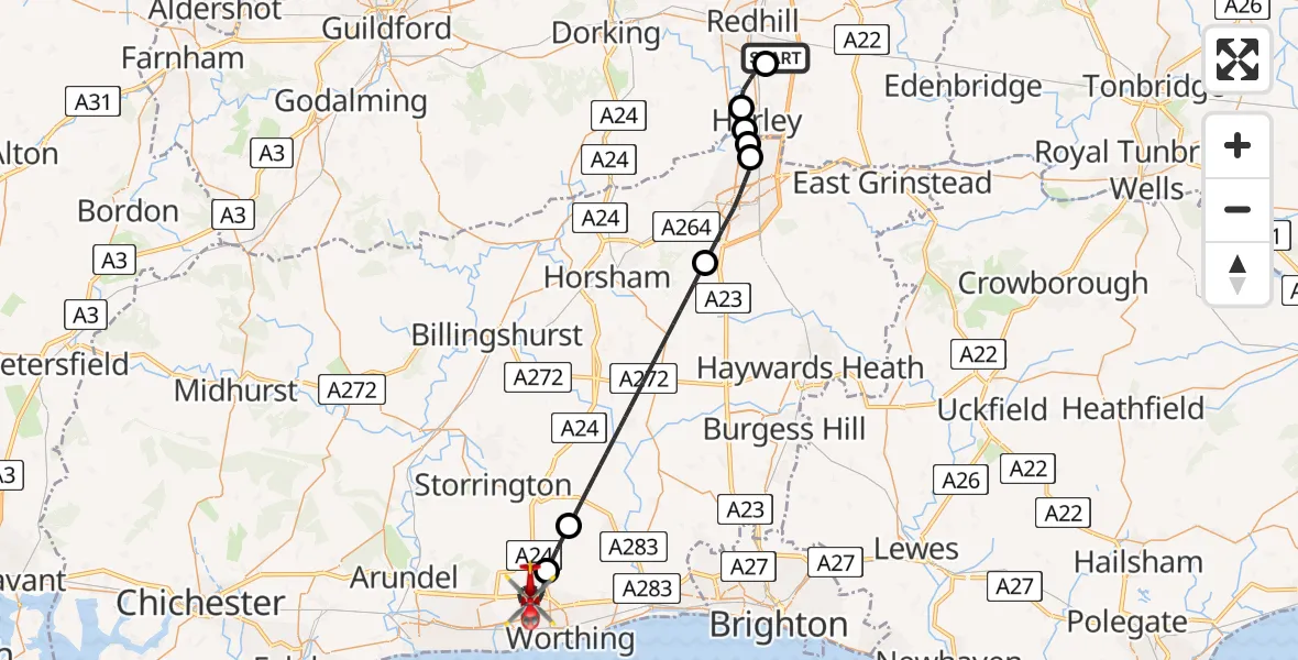 Flight route Air Ambulance Helicopter Redhill Aerodrome - Worthing, 23 June 2026, 19:25