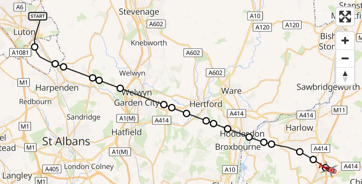 Flight route Air Ambulance Helicopter Luton - North Weald Airfield, 23 June 2026, 19:32