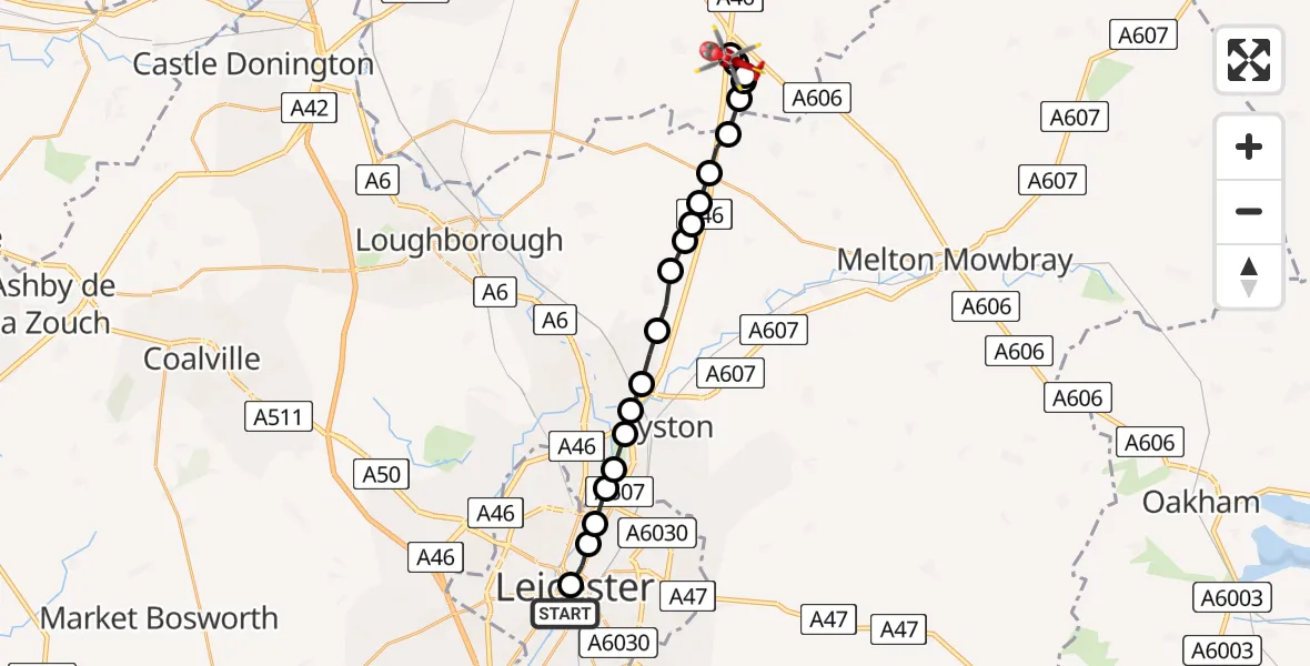 Flight route Air Ambulance Helicopter Bede Island - Nottingham Heliport, 23 June 2026, 19:46
