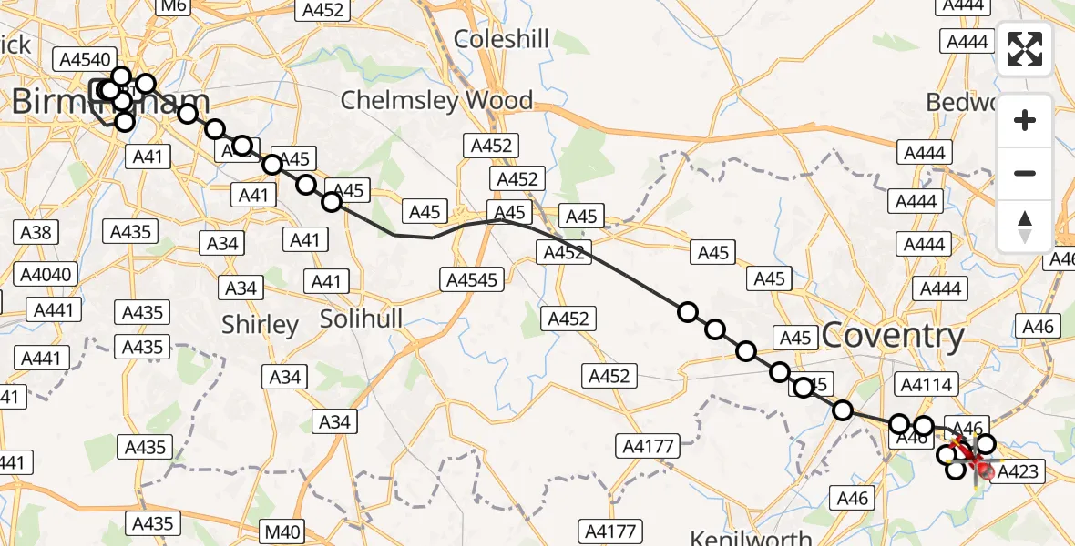 Flight route Air Ambulance Helicopter Birmingham Children's Hospital - Warwick, 23 June 2026, 19:48