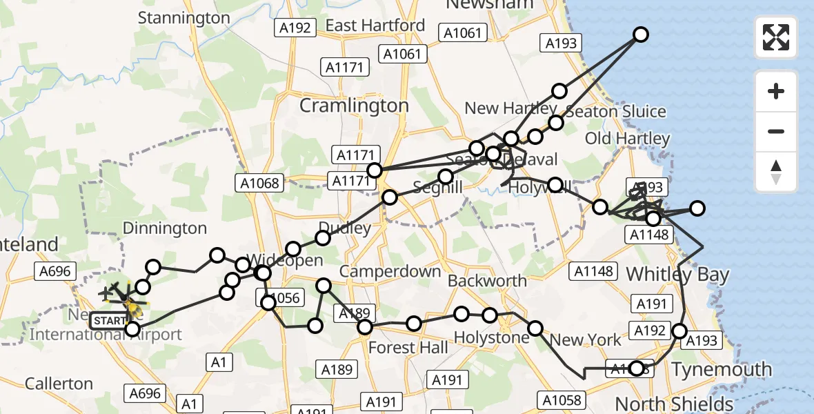 Flight route Police Helicopter Newcastle International Airport - Newcastle International Airport, 23 June 2026, 19:51