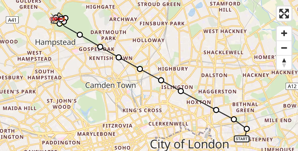 Flight route Air Ambulance Helicopter Royal London Hospital - Golders Green, 23 June 2026, 19:58