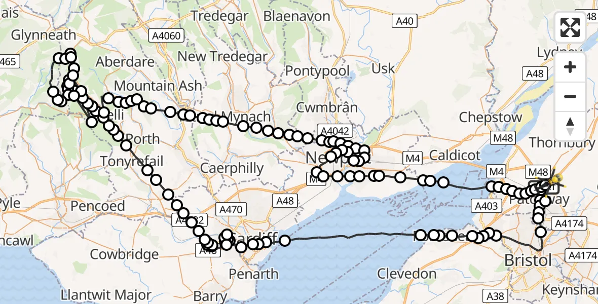 Flight route Police Helicopter Almondsbury Helicopter Base - Almondsbury Helicopter Base, 23 June 2026, 20:00