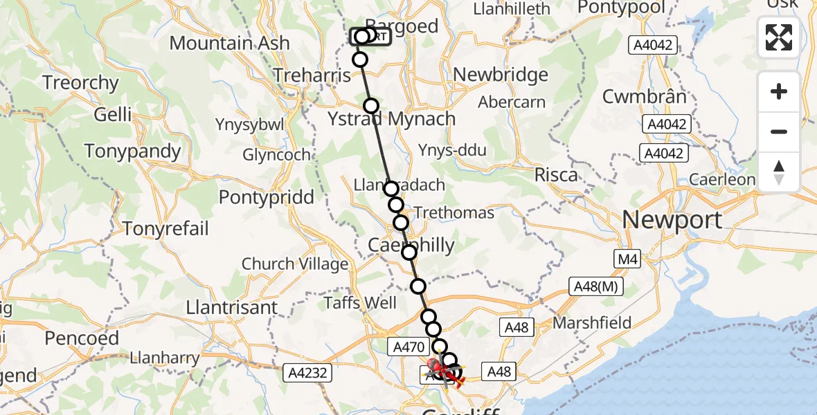 Flight route Air Ambulance Helicopter Bargoed - Birchgrove, 23 June 2026, 20:12