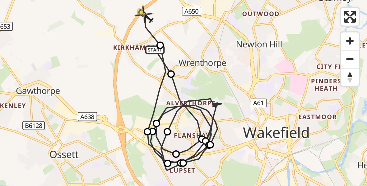 Flight route Police Helicopter Wrenthorpe - East Ardsley, 23 June 2026, 20:24