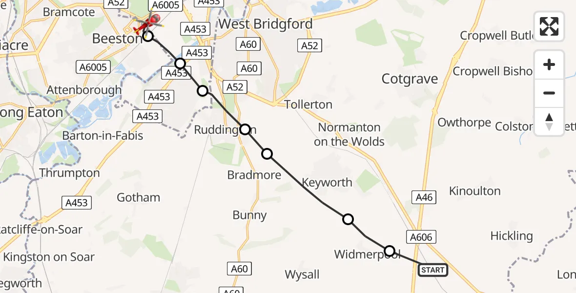 Flight route Air Ambulance Helicopter Hickling - Beeston, 23 June 2026, 20:32