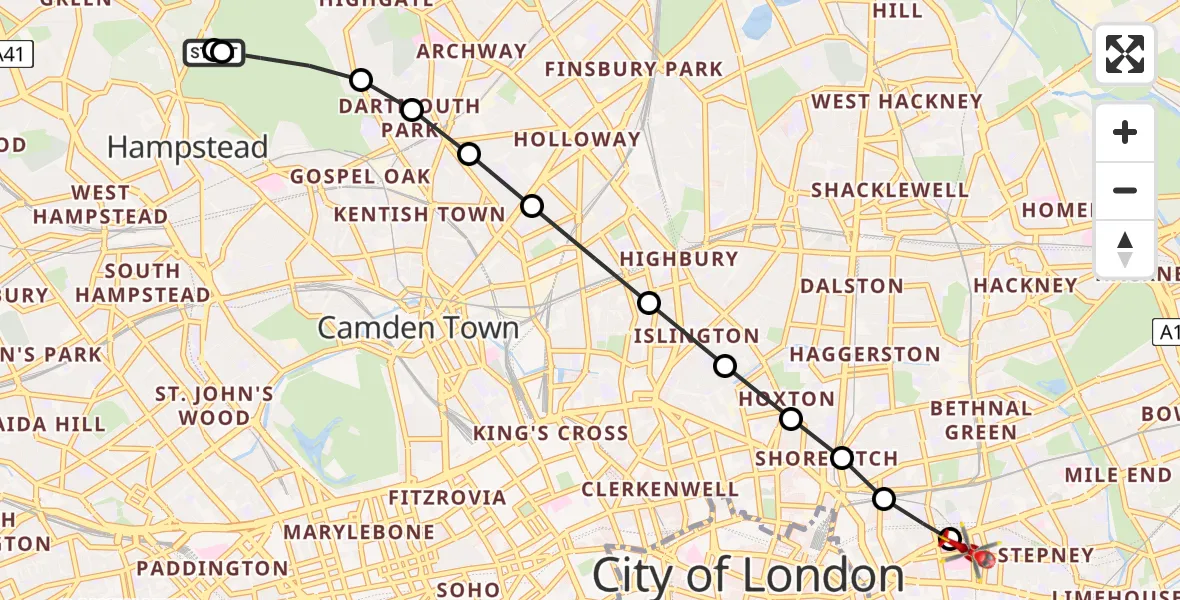Flight route Air Ambulance Helicopter Camden - Royal London Hospital, 23 June 2026, 20:32